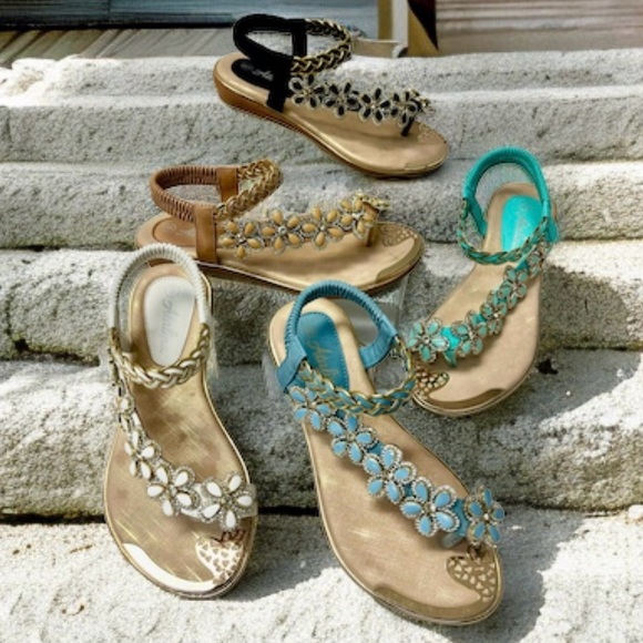 New Color! Italina Blue Floral Rhinestone Embellished Toe Ring Sandal - Picture 8 of 10